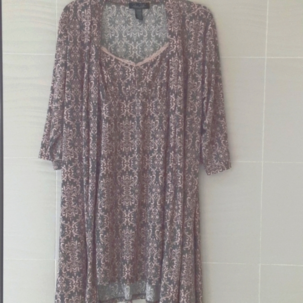 Rene Rofe 2 PC Chemise Nightgown  and Robe Damask Pink Gray SZ M